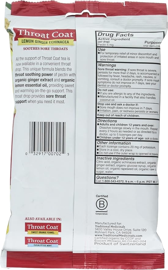 Traditional Medicinals Lemon Ginger Echinacea Lozenges, 16 Pieces (Pack of 12)