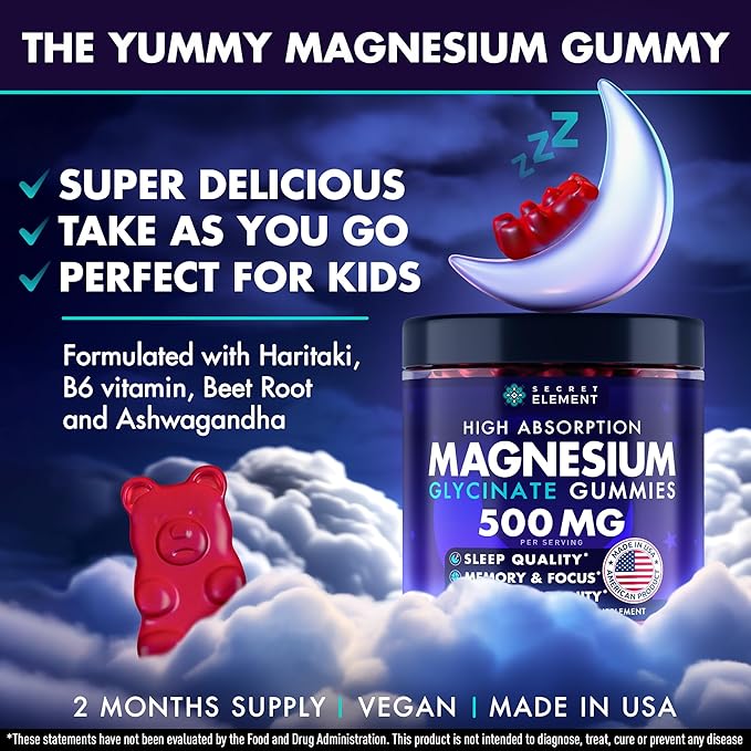 Magnesium Glycinate 500MG Gummies, High Absorption Supplement with Ashwagandha, Beet Root, Vitamin B6, Turmeric & Zinc, Sugar-Free, Vegan, Chews for Men & Women, 60 Gummies, Cherry Flavor