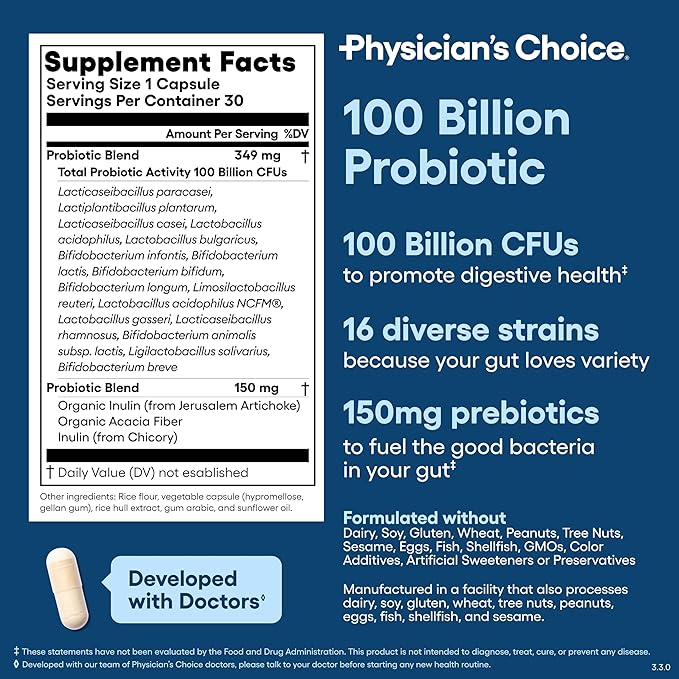 Physician's CHOICE 100 Billion Advanced Probiotic - 16 Strains + Organic Prebiotics - Digestive & Gut Health - Supports Occasional Constipation, Diarrhea, Gas & Bloating - Probiotics for Women & Men
