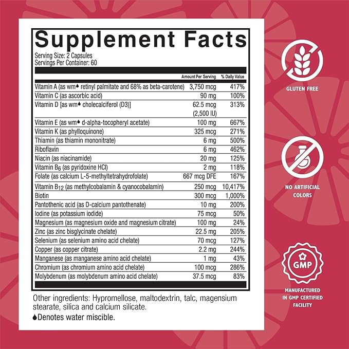 Celebrate Vitamins Multi ADEK, Iron Free – Daily Bariatric Multivitamin, High Level of Vitamins A, D, E, K & B12 for Duodenal Switch Surgery Patients (60 Capsules)