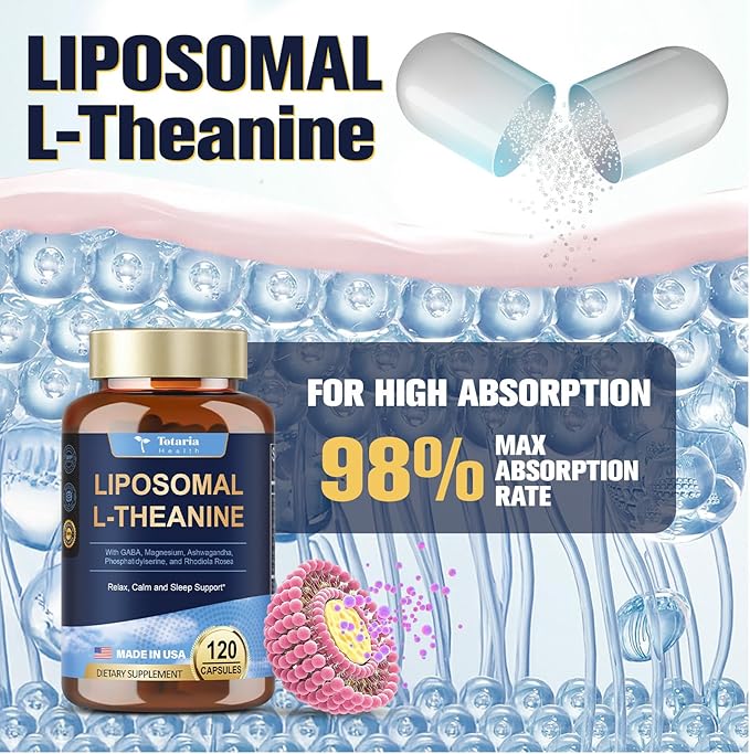 Liposomal L-Theanine Supplement 750mg with GABA,Ashwagandha,Magnesium Glycinate,Rhodiola Rosea,Phosphatidylserine Complex Supplements for Men and Women Mood |Focus | Sleep Support 120 Capsules