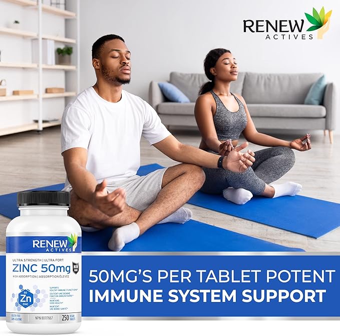 Renew Actives Zinc Supplements 50MG per Serving - Essential for Immune Health, Strong Bones & Promoting Healthy Hair, Nails & Glowing Skin for Daily Use - Made in Canada - 250 Tablets