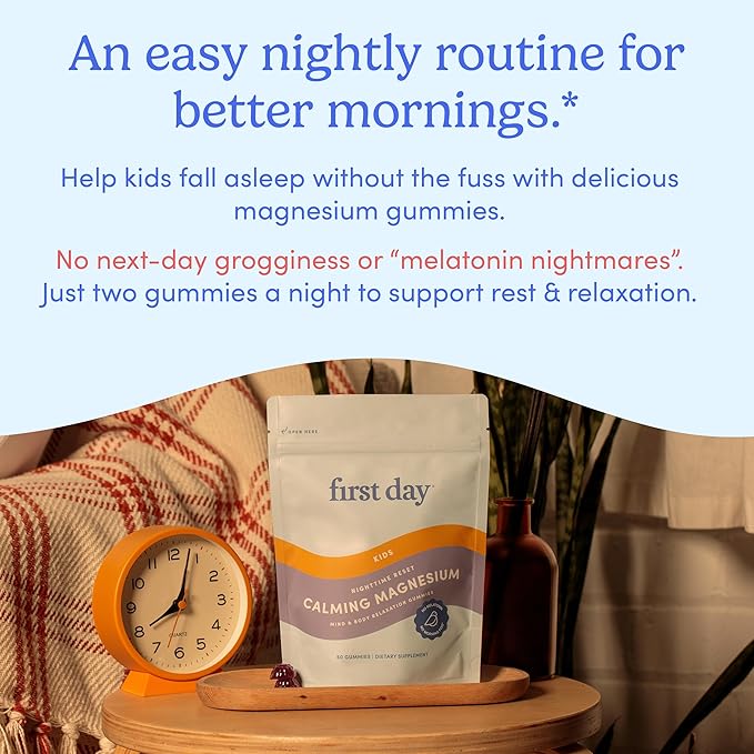 First Day Kids’ Nighttime Reset Calming Magnesium Gummies – Sleep Aid to Support Calm & Relaxation – Bedtime Supplement with Magnesium Citrate, Suntheanine & No Melatonin – 60-Day Supply