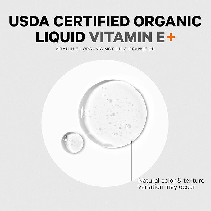 Codeage Liquid Vitamin E+ - USDA-Certified Organic Vitamin E - 2-Month Supply - D-Alpha Tocopherol Acetate, Organic MCT Oil, Organic Orange Fruit Oil, Unflavored, Non-GMO, Vegan, Gluten-Free, 2 fl oz