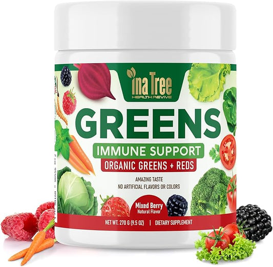 Greens Immune Support, Berry Superfood Blend Organic Vegan Greens + Reds Amazing Taste Mixed Berry Natural Flavor 270g (9.5 Oz) Detox, Gluten Free, Dietary Supplement