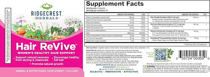 RidgeCrest Herbals Hair ReVive, Nutritional Hair Supplement with Vitamin C, Biotin (6000mcg), Zinc, and Copper, Hair Vitamins for Women to Support Healthy Hair, Skin, and Nails (120 Caps, 30 Servings)