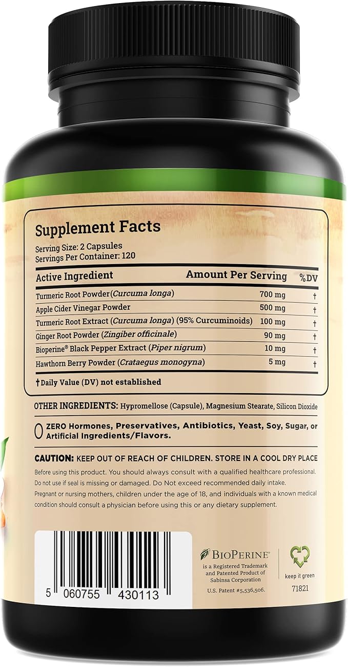 Nature's Base Turmeric Curcumin Supplement - with Ginger, Apple Cider Vinegar, & BioPerine Black Pepper Extract - 95% Curcuminoids - 240 Capsules