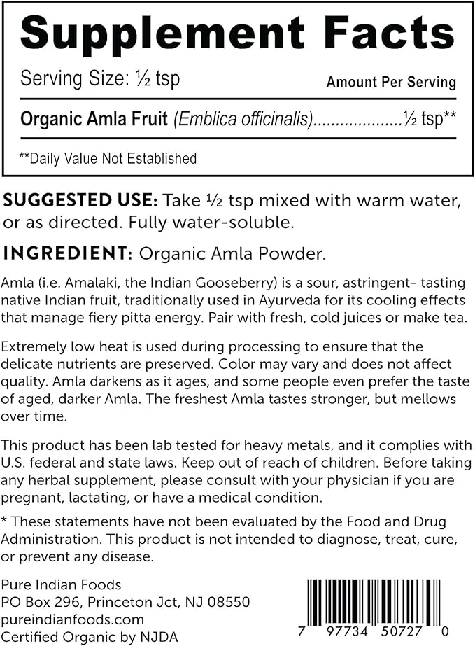 Pure Indian Foods Organic Amla Powder, 8 oz, Water-Soluble Amalaki, Ayurveda Dietary Supplement Dissolves Completely in Water, Perfect for Capsules