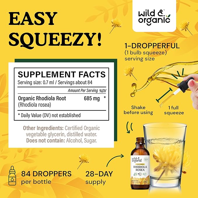 Wild & Organic Rhodiola Rosea Tincture - Mood Support - Relaxing Rhodiola Supplement - Root Extract Liquid Drops - Vegan, Sugar & Alcohol-Free - 2 fl oz
