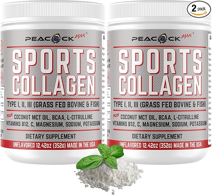 Sports Collagen Powder, 12.42 oz, Pack of 2 - Grass Fed Bovine & Wild Fish Hydrolyzed Type I, II, III Multi Collagen Peptides, Unflavored Protein Powder with BCAA, Magnesium & Electrolytes