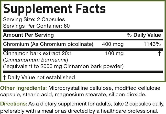 Bronson Cinnamon Plus Chromium Picolinate Supplement, High Potency Chromium, Non-GMO, 120 Vegetarian Capsules