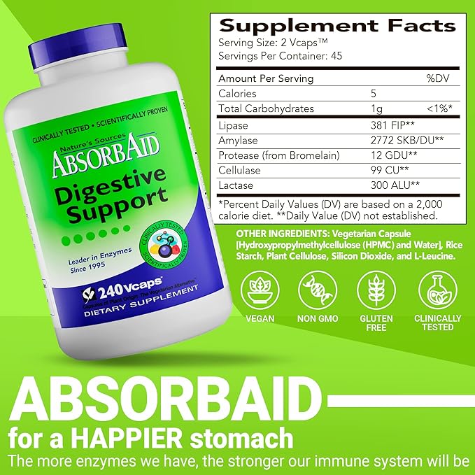 AbsorbAid Digestive Enzymes 240 vCaps, Proven to Increase Vital Nutrient Absorption by up to 71%