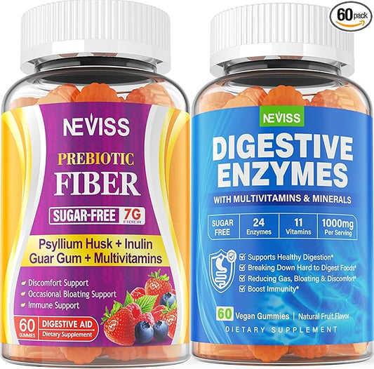 NEVISS Psyllium Husk Prebiotic Fiber Gummies - 7G Fiber with 2000mg Prebiotic Fiber Blend & Multivitamins - Inulin, Fos, Guar Gum & Multi Digestive Enzymes Vitamin Gummies Chewable