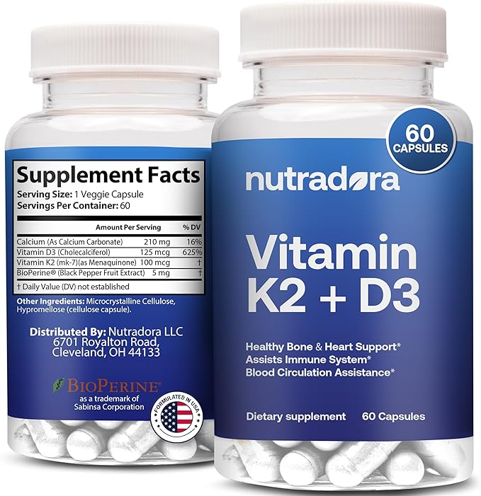 Vitamin D3 K2 Capsules for Men and Women - K2 D3 Vitamin Supplement for Healthy Heart and Bone Support, Immune System & Blood Circulation Assistance, Formulated in USA, 60 Veggie Capsules