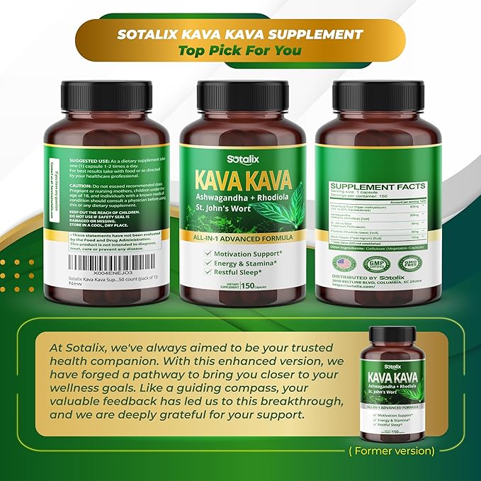 Sotalix Kava Kava Supplement with Ashwagandha Rhodiola St. John's Wort for Mood, Energy & Calming Support - USA Made & Tested (150 Count (Pack of 1))