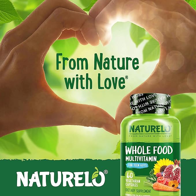 NATURELO Teen Multivitamin - Whole Food Multivitamin for Teenage Boys - Minerals Supplement for Active Kids - with Plant Extracts - Non-GMO - Vegan & Vegetarian - 60 Capsules