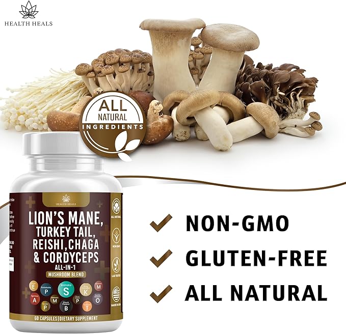 Mushroom Supplement with Lion's Mane Turkey Tail Reishi Cordyceps Chaga Marshmallow Root - 60 Count