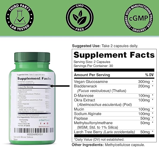 Yuve Lectin Blocker Defense - Blocks Interfering Dietary Lectins, Supports Intestinal & Digestive Health, Helps Reduce Gas, Aids Against Food Cravings - Non-GMO, Gluten Free - 60 Vegan Caps