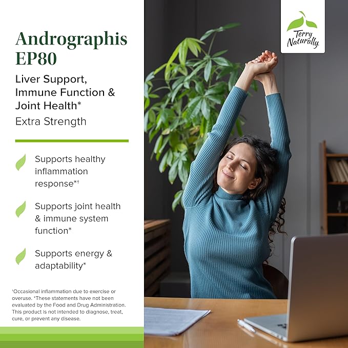Terry Naturally Andrographis EP80 Extra Strength - Brain Health & Immune Support - Joint Health Support to Aid Mobility - Adaptogen Supplement for Energy & Liver Support - 60 Capsules (Pack of 2)