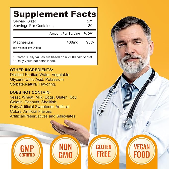 Liquid Magnesium Oxide 400mg Drops - Liquid Magnesium Oxide Supplement for Bone, Muscle, and Heart Health, Sublingual Magnesium Oxide, High Potency, Easy-to-Absorb, 60ml