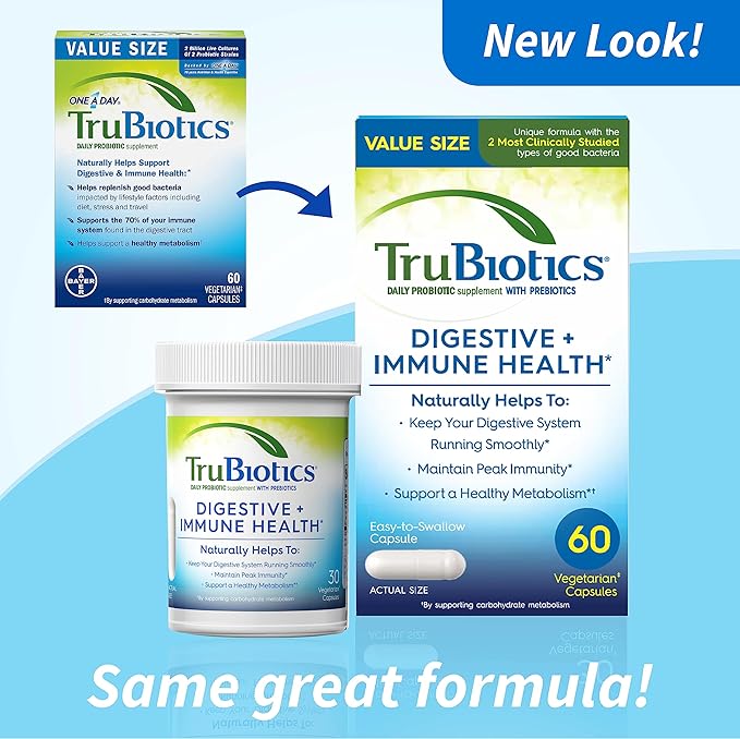 TruBiotics Probiotics for Digestive & Immune Health, Supports Regularity & Helps Relieve Abdominal Discomfort, Gas & Bloating, 2 Clinically Studied Probiotic Strains, Plus Prebiotics, 60 Capsules