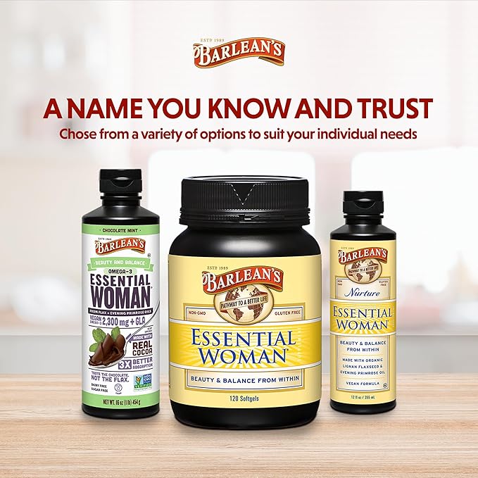 Barlean's Essential Woman Liquid Supplement for Women, Organic Flaxseed, Evening Primrose Oil and Soy Isoflavones, Omega 3 6 9 and GLA, 12 oz
