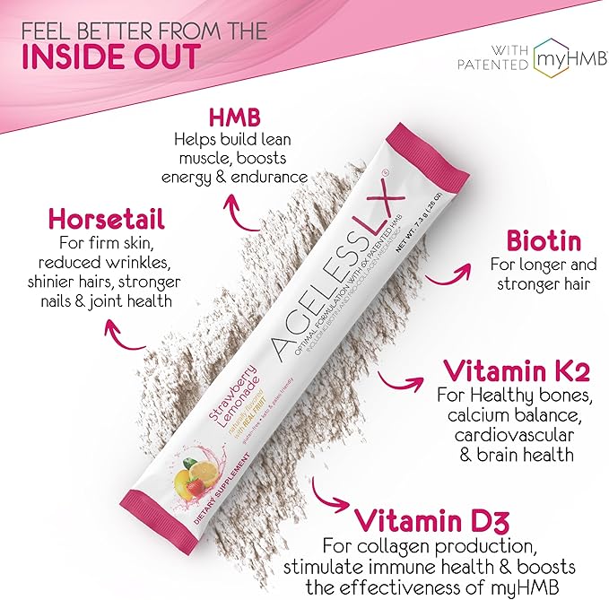 Powder Supplement for Women - with HMB Collagen Enhancer Plus Vitamin D3 with K2, Horsetail and Biotin for Lean Muscle and Stronger Hair and Nails - 30 Powder Packets Strawberry Lemonade