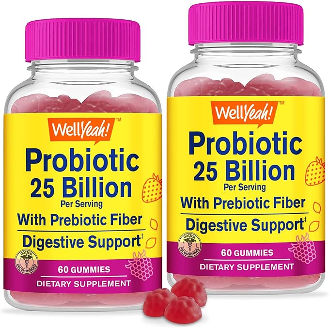 (2 Pack 25 Billion Probiotics + Prebiotics for Men and Women Gummies - Digestive Support, Gut Health, Immune Support Gummy - Probiotics for Digestive Health with 12 Strains - 60 Gummies