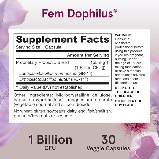 Jarrow Formulas Fem-Dophilus Probiotics 1 Billion CFU With 2 Science-Backed Strains, Dietary Supplement for Vaginal and Urinary Tract Support, 30 Veggie Capsules, Up to a 30 Day Supply, Shelf-Stable