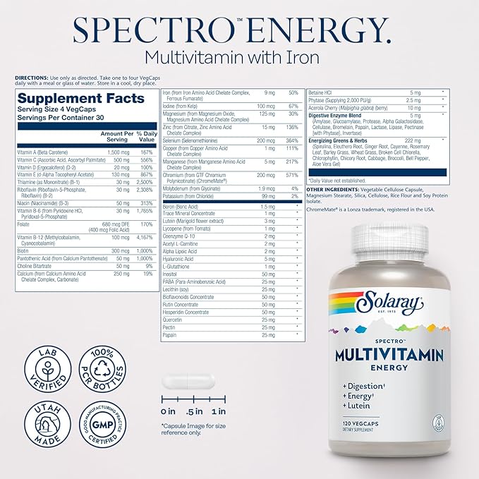 SOLARAY Spectro Energy Multivitamin for Women and Men - Cellular Energy, Digestion, Eye Health and Immune Support - w/Vitamin A, Vitamin B Complex, CoQ10, Iron, Enzymes, Lutein - 30 Serv, 120 VegCaps