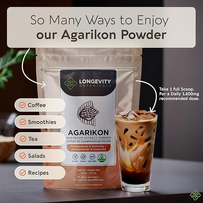 Longevity Botanicals Wildcrafted Agarikon Mushroom Extract Powder 100g | Concentrated 10:1 Ratio | 100% Fruiting Bodies | Laricifomes Officinalis Supplement for Immunity & Respiratory Support
