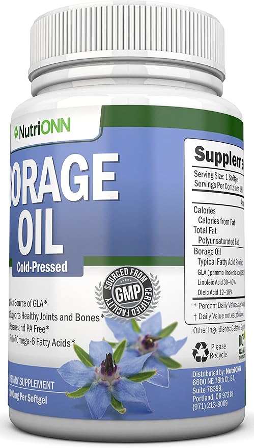 Borage Oil - 1000 mg - 180 Softgels - Cold Pressed High GLA Borage Seed Oil - Hexane and PA Free - Great for Skin, Hair and Bones.