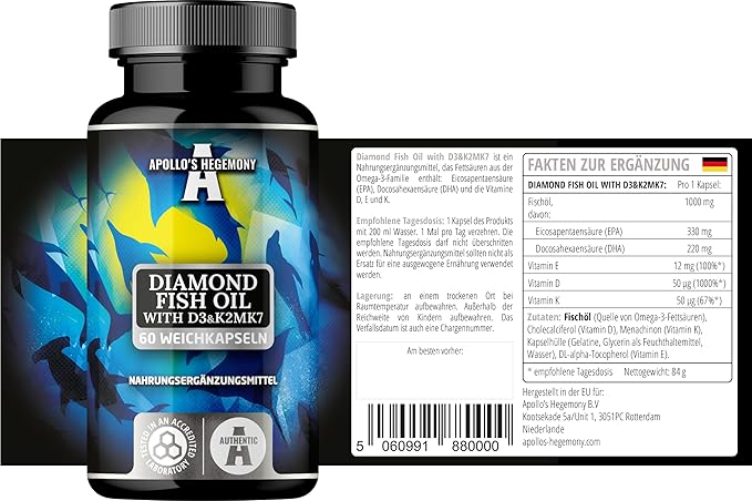 APOLLO'S HEGEMONY Diamond Fish Oil 1000mg per Capsule with Vitamins D3, K2 and E - 60 Capsules - High Dose Omega 3 with 330mg EPA and 220mg DHA - Fish Oil Fatty Acids (EFAs)