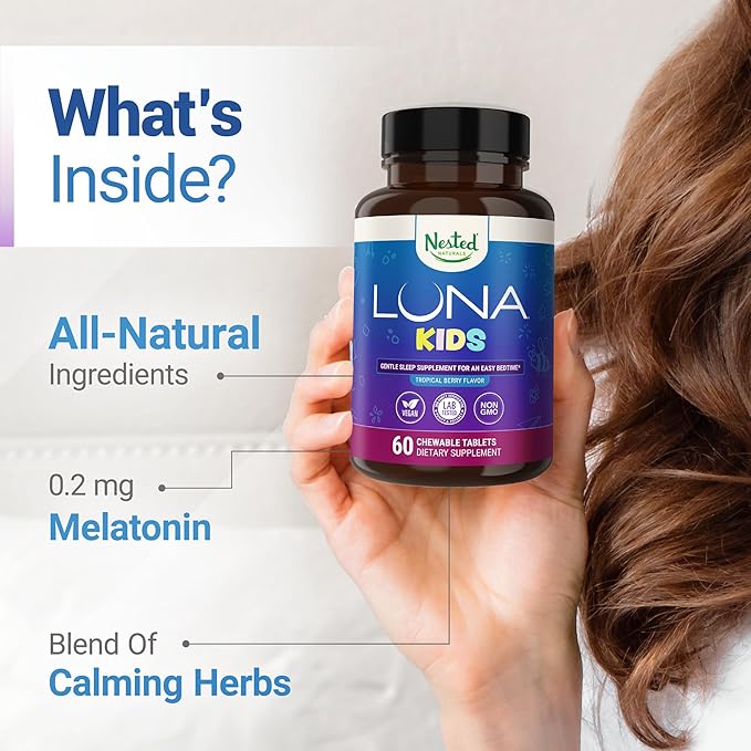 LUNA Kids | #1 Sleep Aid Tablets for Children 4+ and Sensitive Adults | Naturally Sourced Ingredients | 60 x Chewable Pills | Gentle, Herbal Supplement with Chamomile, Melatonin, Valerian & Lemon Balm