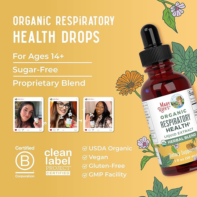MaryRuth Organics USDA Organic Respiratory Health Liquid Drops with Mullein Leaf | Marshmallow Root & Elderberry | Mullein Drops for Lungs Herbal Blend | Immune Support Supplement | Vegan | 1 Fl Oz