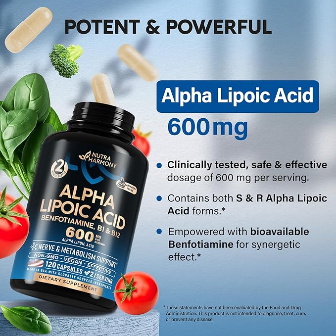 Alpha Lipoic Acid 600mg - ALA Supplement Antioxidant for Nerve, Energy & Metabolism Support - Extra Strength with Benfotiamine, Vitamins B1 & B12 - Lab Tested, NON-GMO & Vegan - 120 Capsules, 2 Month