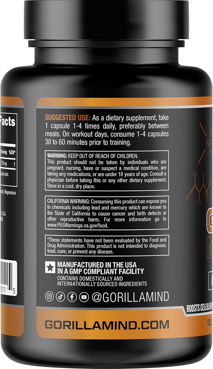Gorilla Mind AR Carnitine 750mg Capsules Androgen Receptor Upregulator,Boosts Cellular Energy, Upregulates Androgen Receptor Density,Shuttles Fatty Acids (120 Capsules)