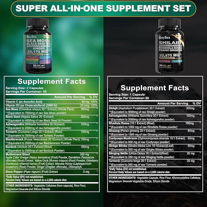 Boysea.Shilajit and Sea Moss Bundle - 90 Count - Sea Moss 7000mg, Black Seed Oil 4000mg, Ashwagandha 2000mg, Ginger & Shilajit 9000mg, Rhodiola Rosea 1000mg, All in 1 Supplements (2 Pack)