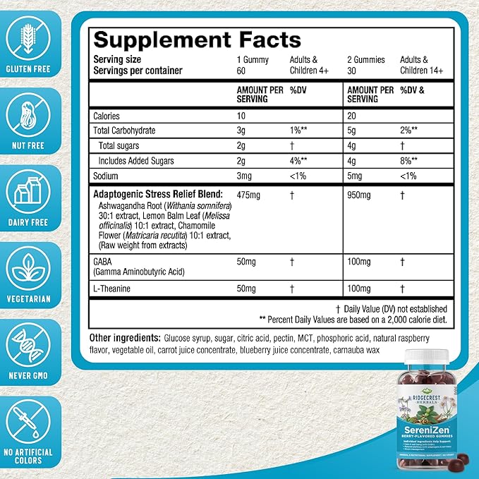 RidgeCrest Herbals SereniZen Gummies with Ashwagandha, GABA, L-Theanine, Chamomile & Lemon Balm, Supports Relaxation & Calm, Stress Management, Sleep. Daily Health Supplement, 60 Ct, 1-2 Month Supply