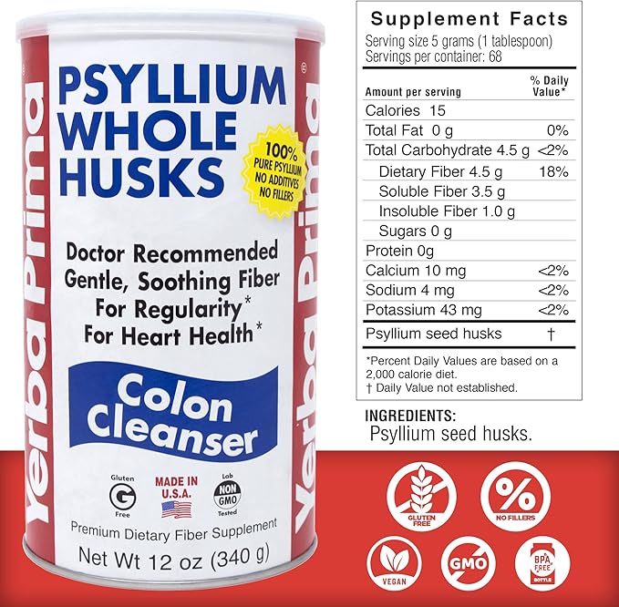 Yerba Prima Psyllium Husk, 12 Ounce (Pack of 2) - Colon Cleanser Fiber Supplement - Natural Support for Gut Health - Non GMO, Gluten Free, Vegan