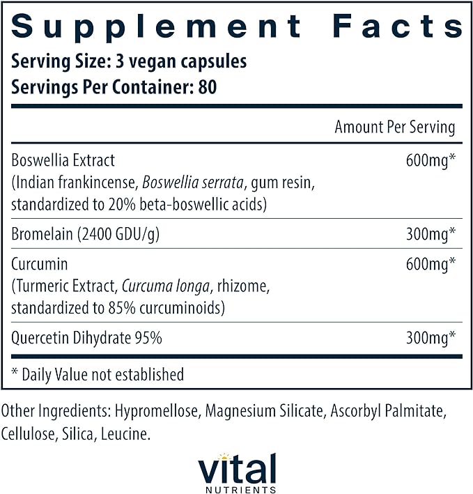 Vital Nutrients BCQ | Vegan Boswellia, Bromelain, Curcumin & Quercetin Supplement | Joint Support Supplement | Supports Sinus & Digestive Health | Gluten, Dairy, Soy Free | 240 Capsules