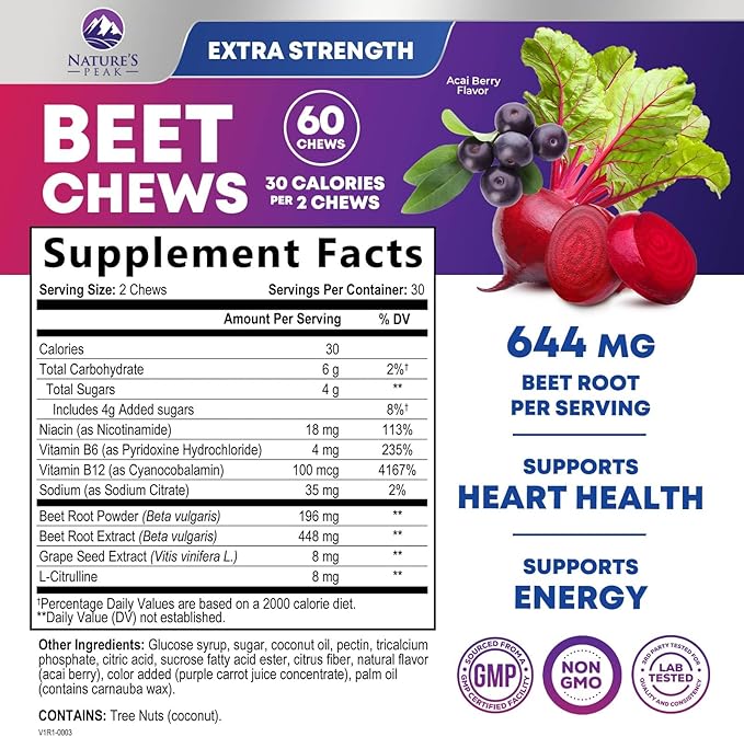 Beets Chews - Beet Root Gummies for Nitric Oxide Support, Superfood Beets Powder Soft Heart Chews, Grape Seed Extract & Non-GMO Beetroot Energy Supplement Supports Heart Health & Energy, 60 Soft Chews
