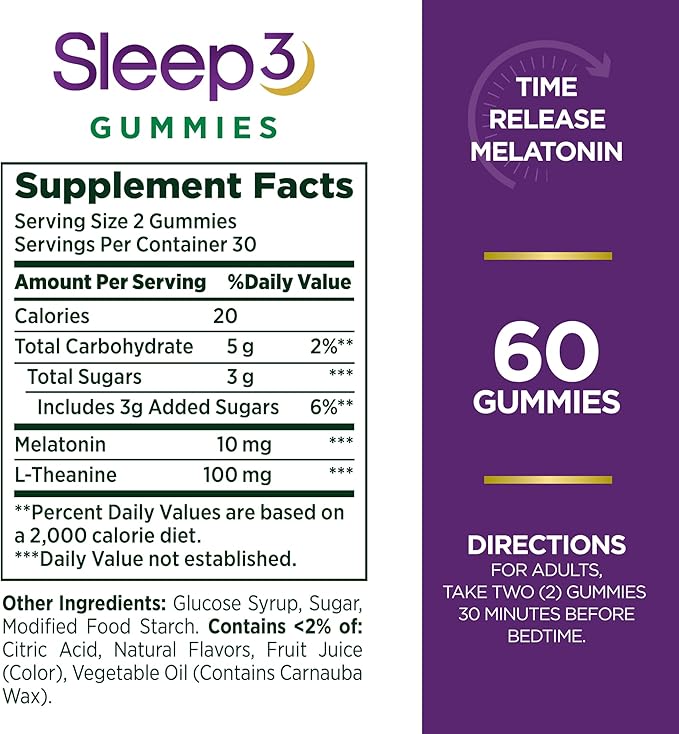 Nature's Bounty Sleep3 Gummies, Triple Action Time-Release Sleep Aid, Melatonin 10mg, Blueberry Flavor, 60 Gummies