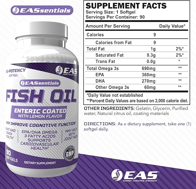Experimental and Applied Sciences High Potency Fish Oil | EPA + DHA Omega-3s Fatty Acids for Heart & Brain Health | Gluten Free, Non GMO | Enteric Coated with Lemon Flavor | 90 Softgels