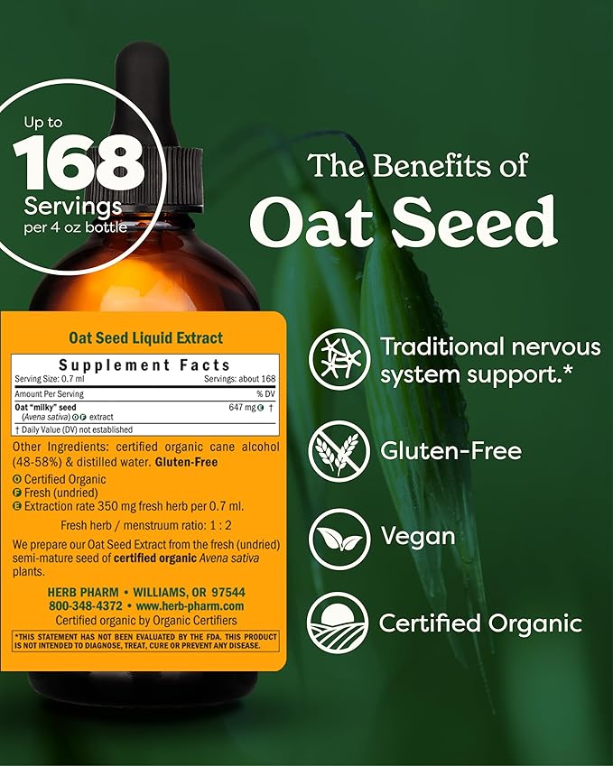 Herb Pharm Certified Organic Oat Seed Liquid Extract for Nervous System Support - 4 Ounce
