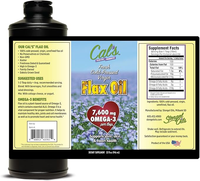 Cal's Flax Oil, Cold Pressed Flax seed, High in Omega 3 Fatty Acid, Unrefined Flax Seed Oil, Pure Flax Seed Oil Liquid Supplement for Joint, Skin, and Heart Health Support - 32 oz