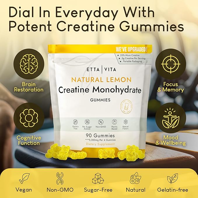 Sugar-Free Creatine Monohydrate Gummies 5gram per Serving, Potent Creatine Gummies for Men & Women, Supplement for Muscle Support, Cellular Energy & Cognitive Function, Gluten-Free