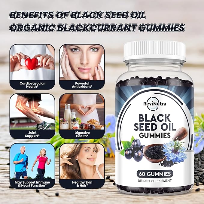 Black Seed Oil Gummies-Organic Cold Pressed Nigella Sativa Black Seed Oil with Honey, Vitamin B6, C, D3, Turmeric, Pomegranate, Support Immunity, Digestion, Brain Function, Hair & Skin-60 Gummies
