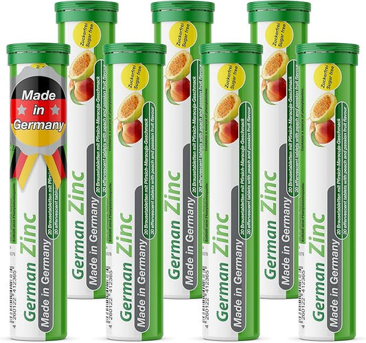 German Zinc 140 Drink Effervescent Tablets - Peach and Passion Fruit Flavour - 5 mg Zinc, Sugarfree, Vegan - T&D Pharma – Made in Germany