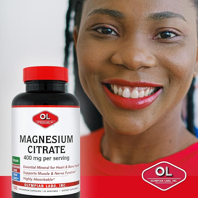 Olympian Labs Magnesium Citrate, 400mg 33 Servings, Support Healthy Nervous System, Muscle & Bone, 100 Capsules